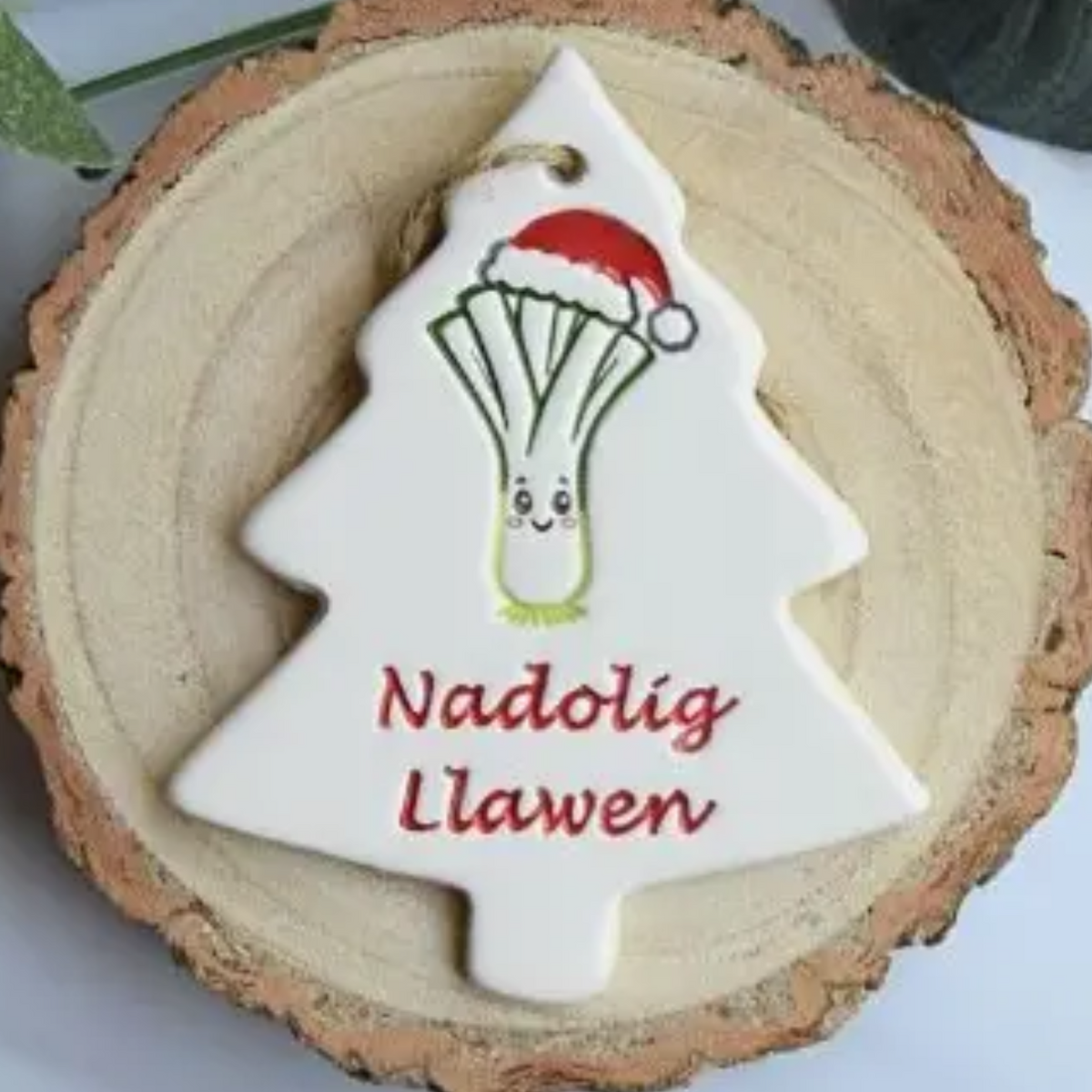 Nadolig llawen Christmas tree shaped decoration with leek