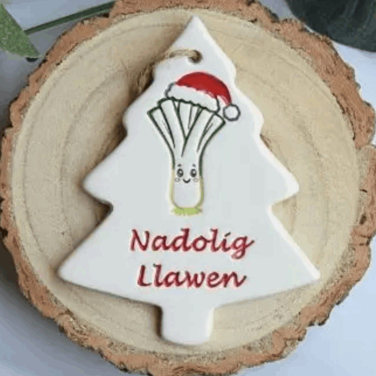 Nadolig llawen Christmas tree shaped decoration with leek