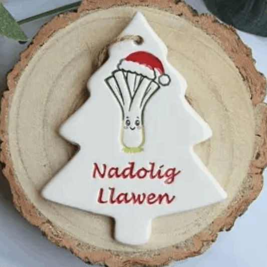 Nadolig llawen Christmas tree shaped decoration with leek