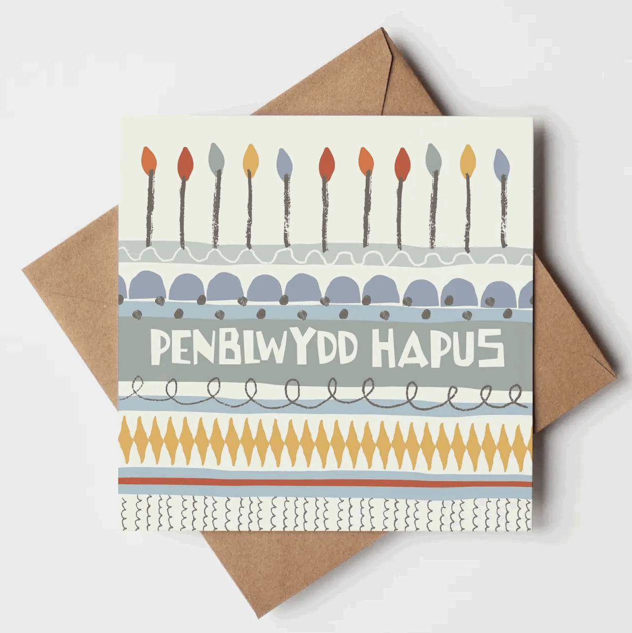 Greeting card with 'Penblwydd Hapus' text and decorative elements on a white background