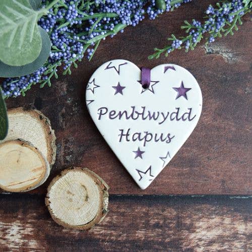 Penblwydd Hapus 'Stars' - Handmade ceramic heart : Purple|Gifts of Wales 