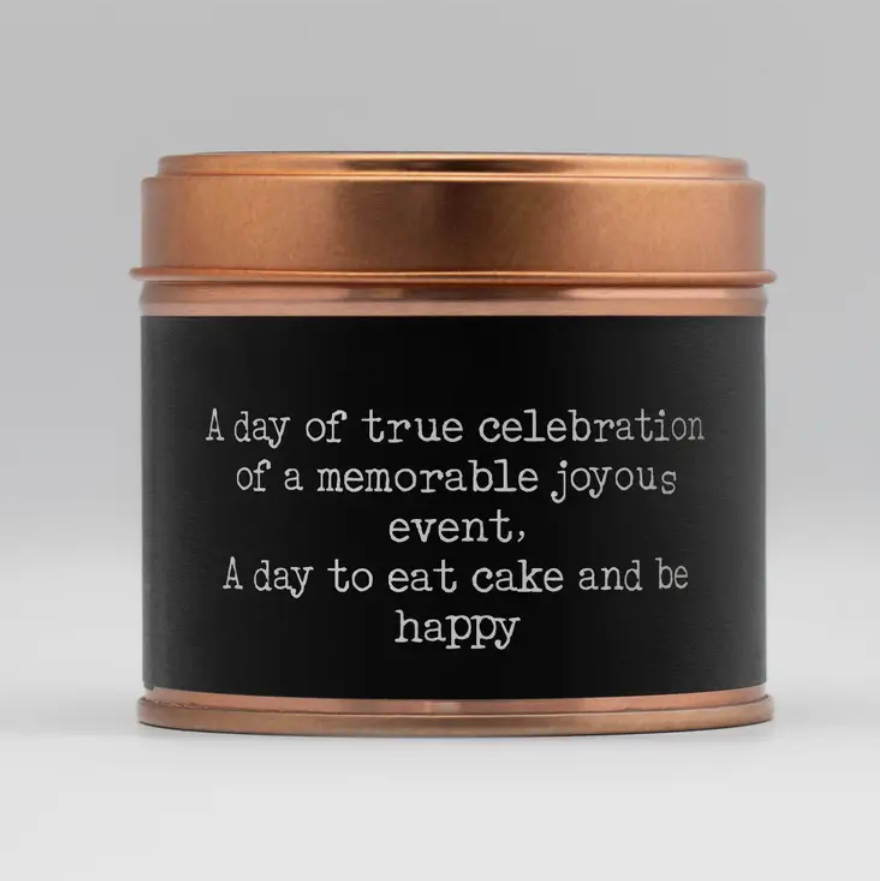 Penblwydd hapus copper tin candle, back of candle tin