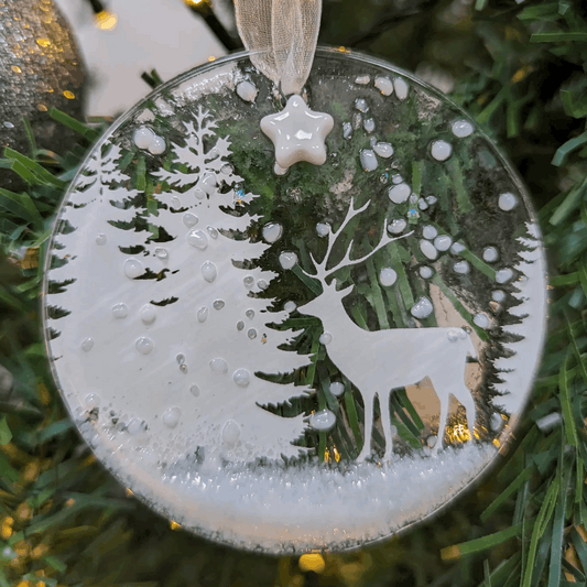 Stag in forest fused glass Christmas decoration