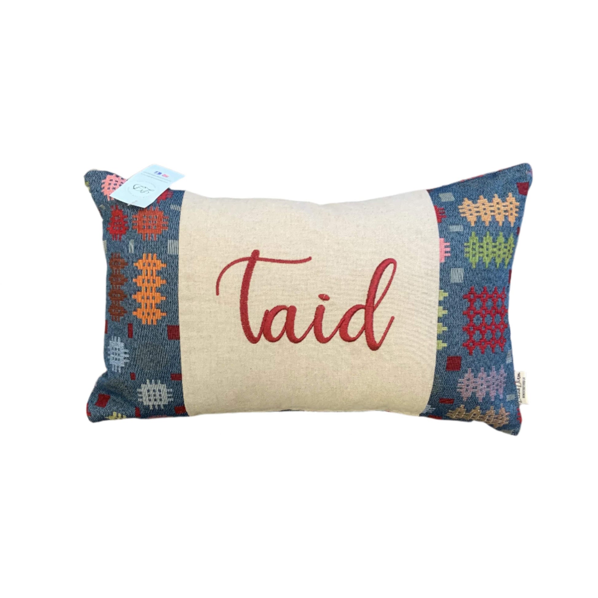 Taid Welsh tapestry design cushion - Blue
