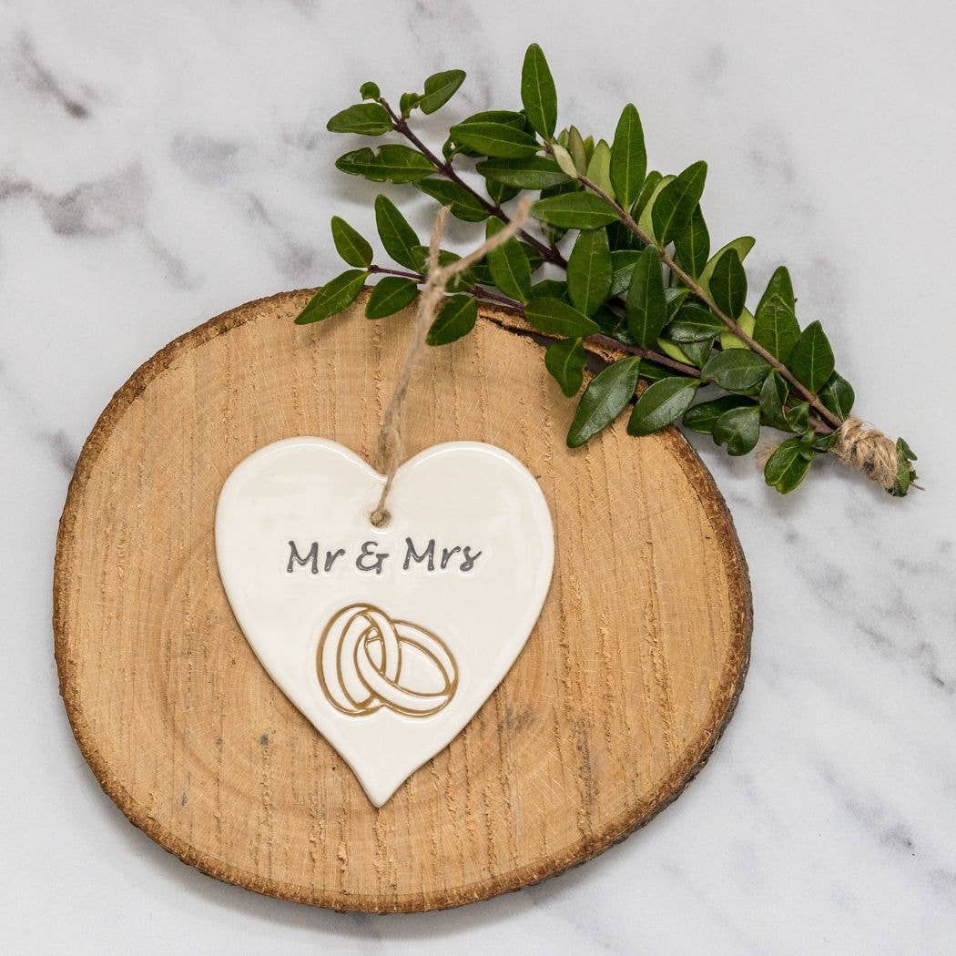 Wedding - Mr & Mrs with Rings - Handmade ceramic heart|Gifts of Wales 