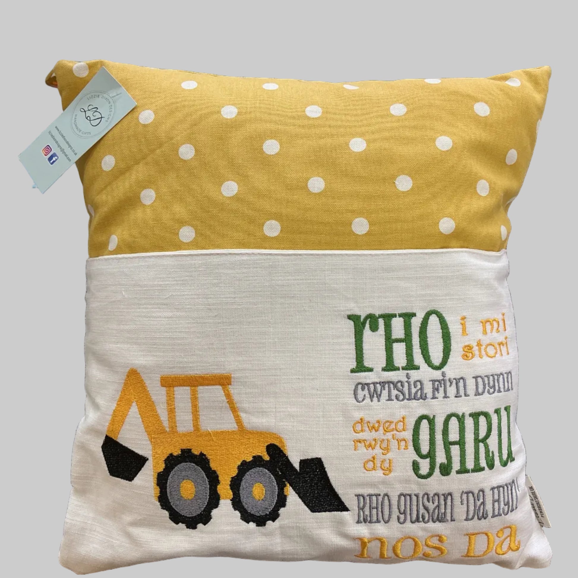 Welsh language digger reading cushion