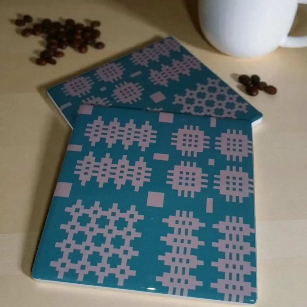 Welsh tapestry design ceramic coasters Teal and grey