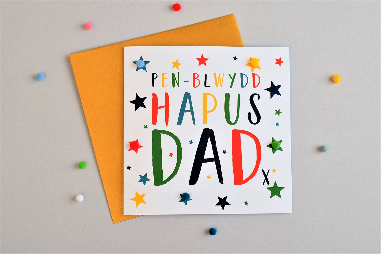 Welsh Dad Birthday Card, Penblwydd Hapus, Dad, Colour Stars, Pompom Embellished - Gifts of Wales