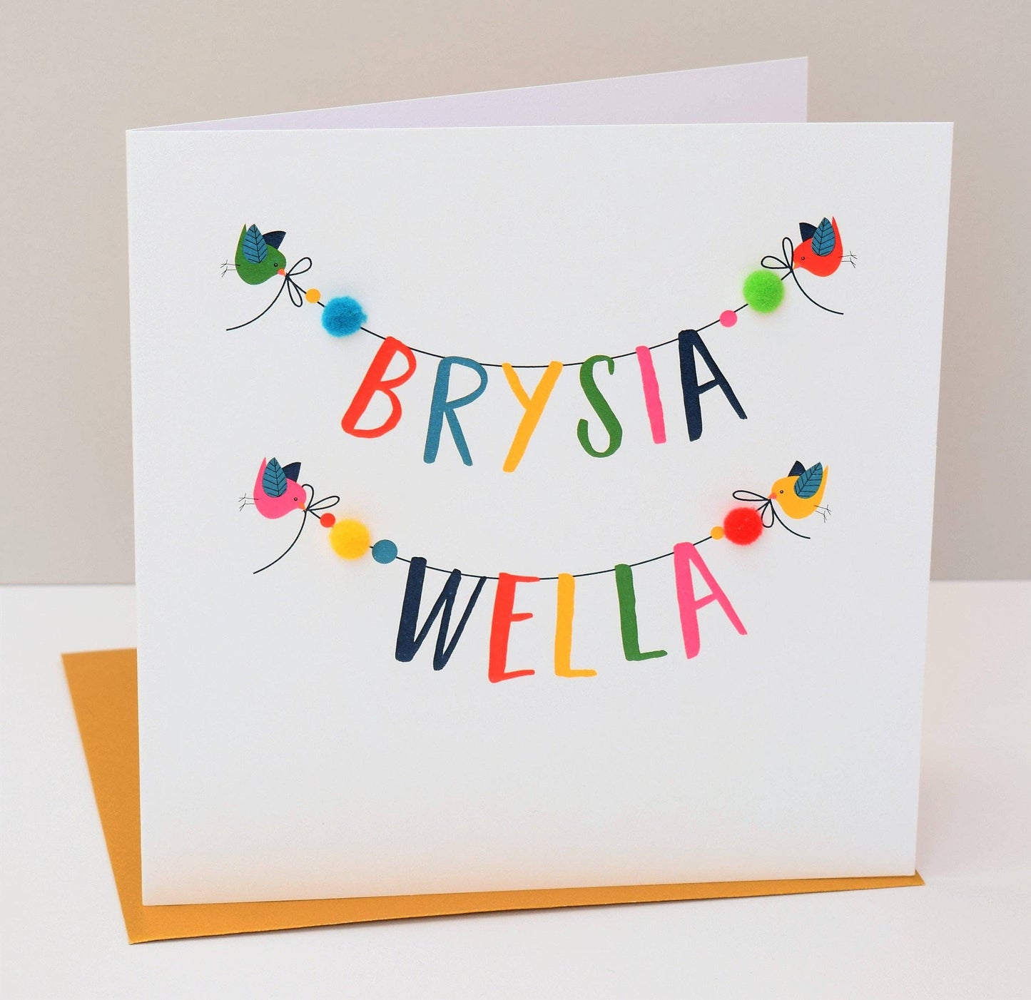 Welsh Get Well Card, Banner, Get Well Soon, Embellished with colourful pompoms - Gifts of Wales