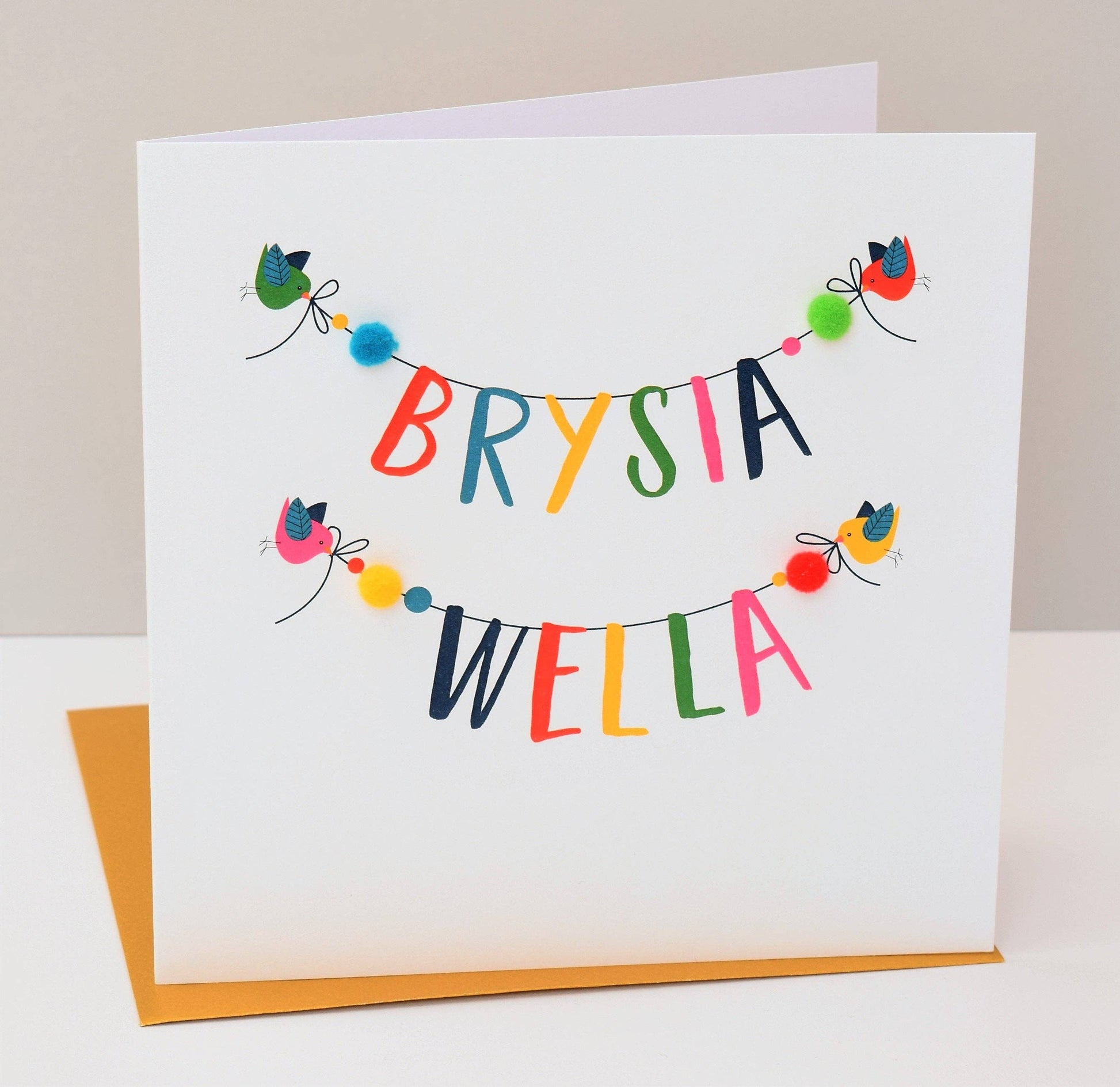 Welsh Get Well Card, Banner, Get Well Soon, Embellished with colourful pompoms - Gifts of Wales