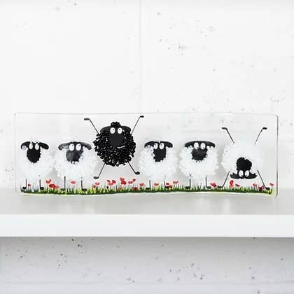 Handmade Fused Glass -  Black and White Sheep Wave - Gifts of Wales