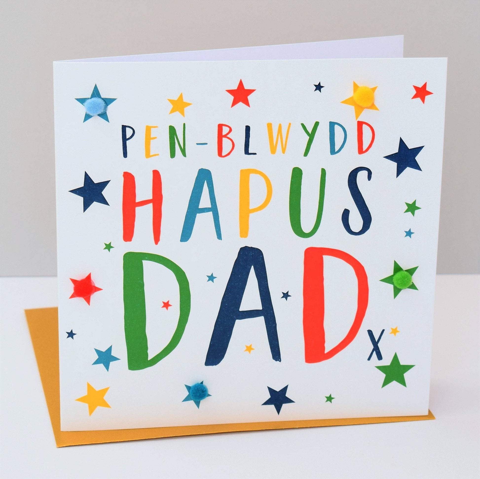 Welsh Dad Birthday Card, Penblwydd Hapus, Dad, Colour Stars, Pompom Embellished - Gifts of Wales