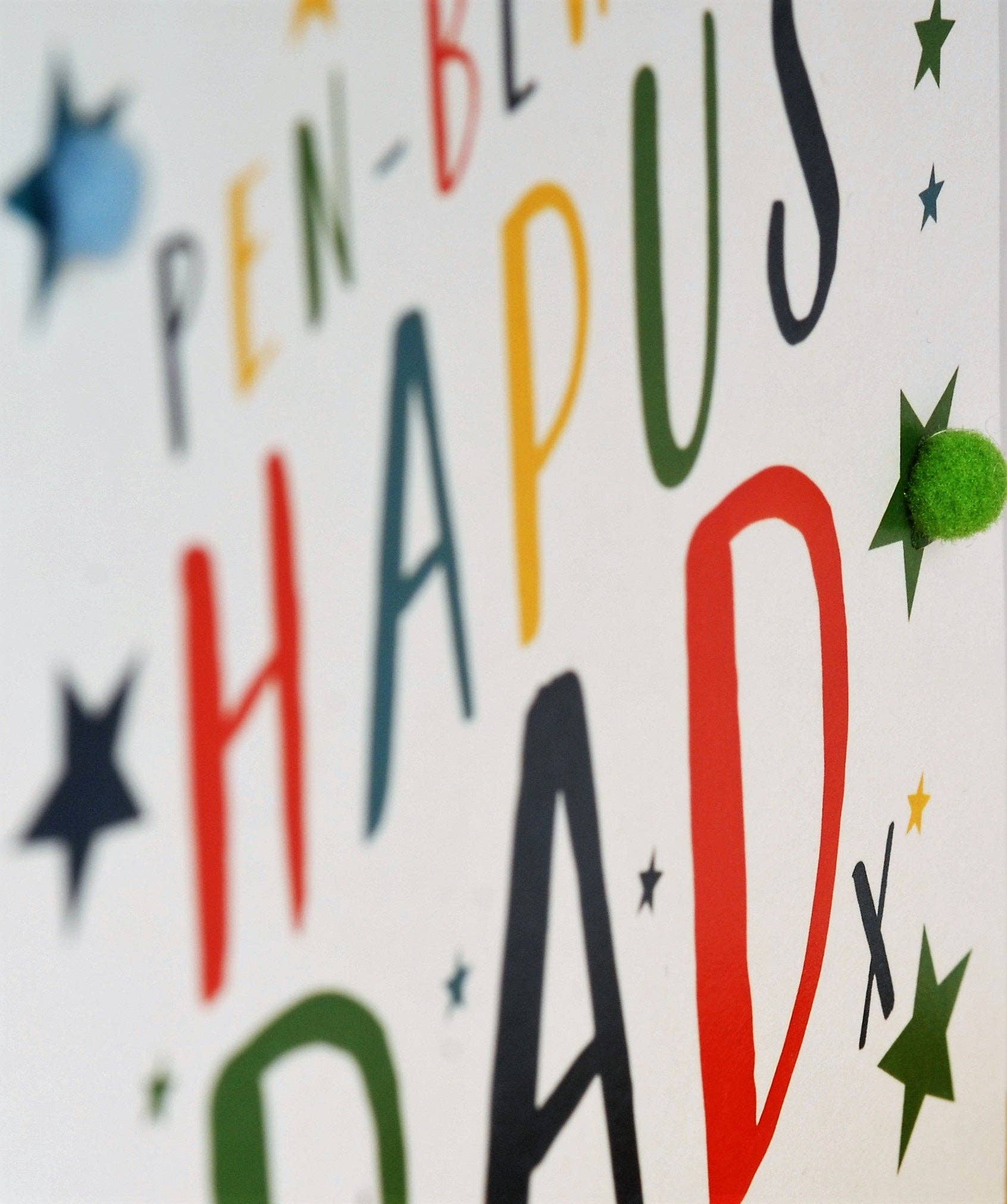 Welsh Dad Birthday Card, Penblwydd Hapus, Dad, Colour Stars, Pompom Embellished - Gifts of Wales