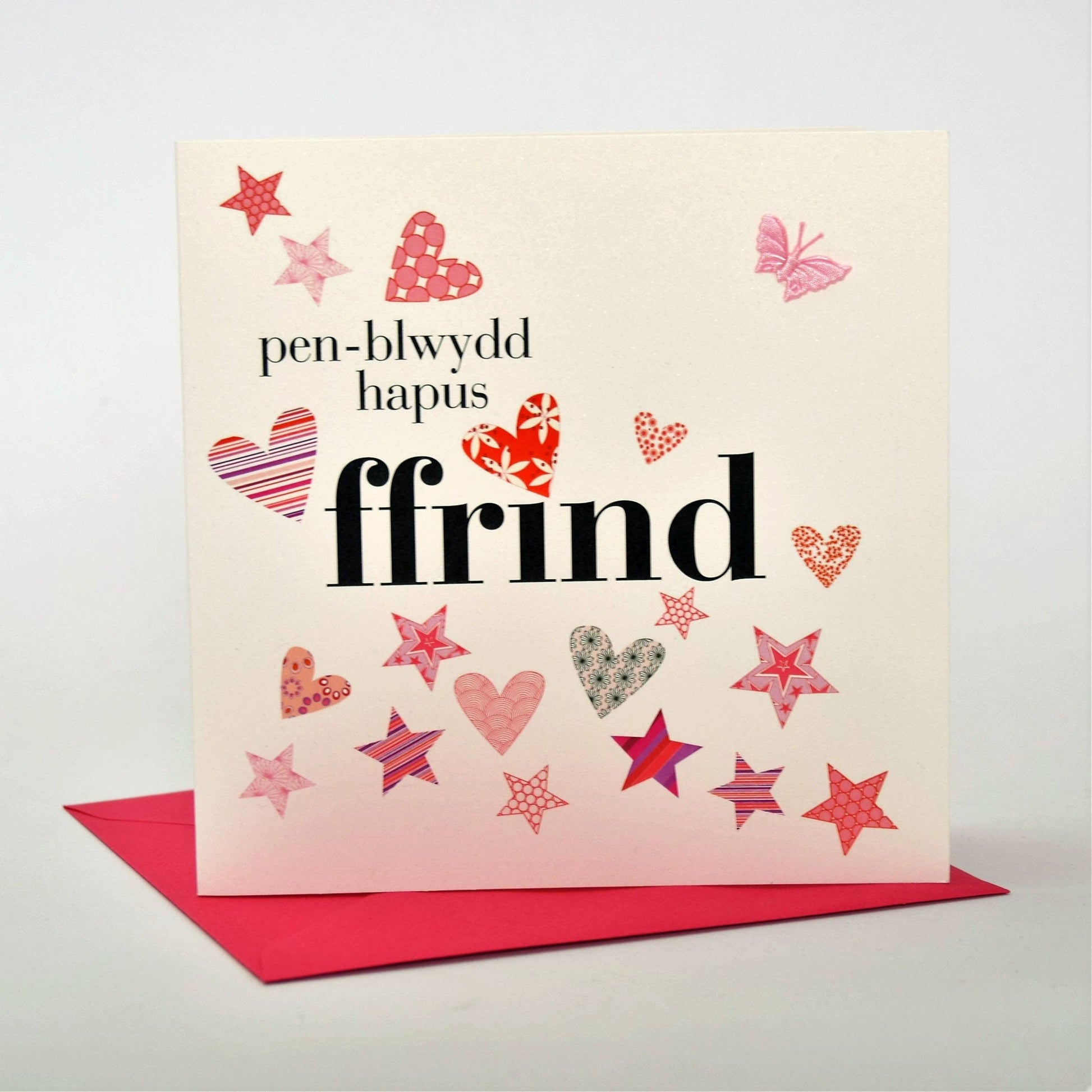 Welsh Friend Birthday Card, Penblwydd Hapus, Pink, fabric butterfly embellished - Gifts of Wales