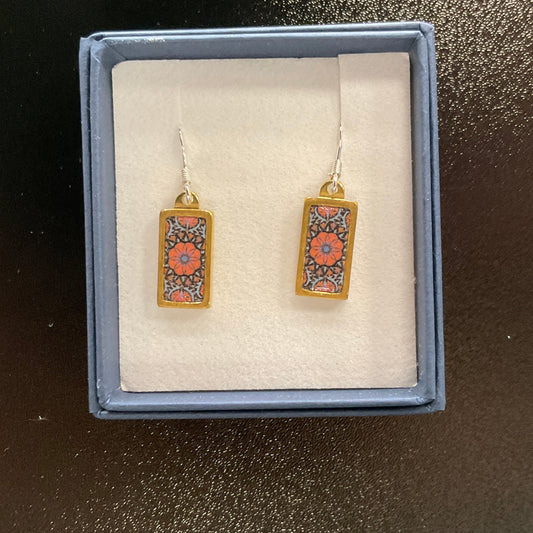 Red flowers gold plated stainless steel ceramic earrings